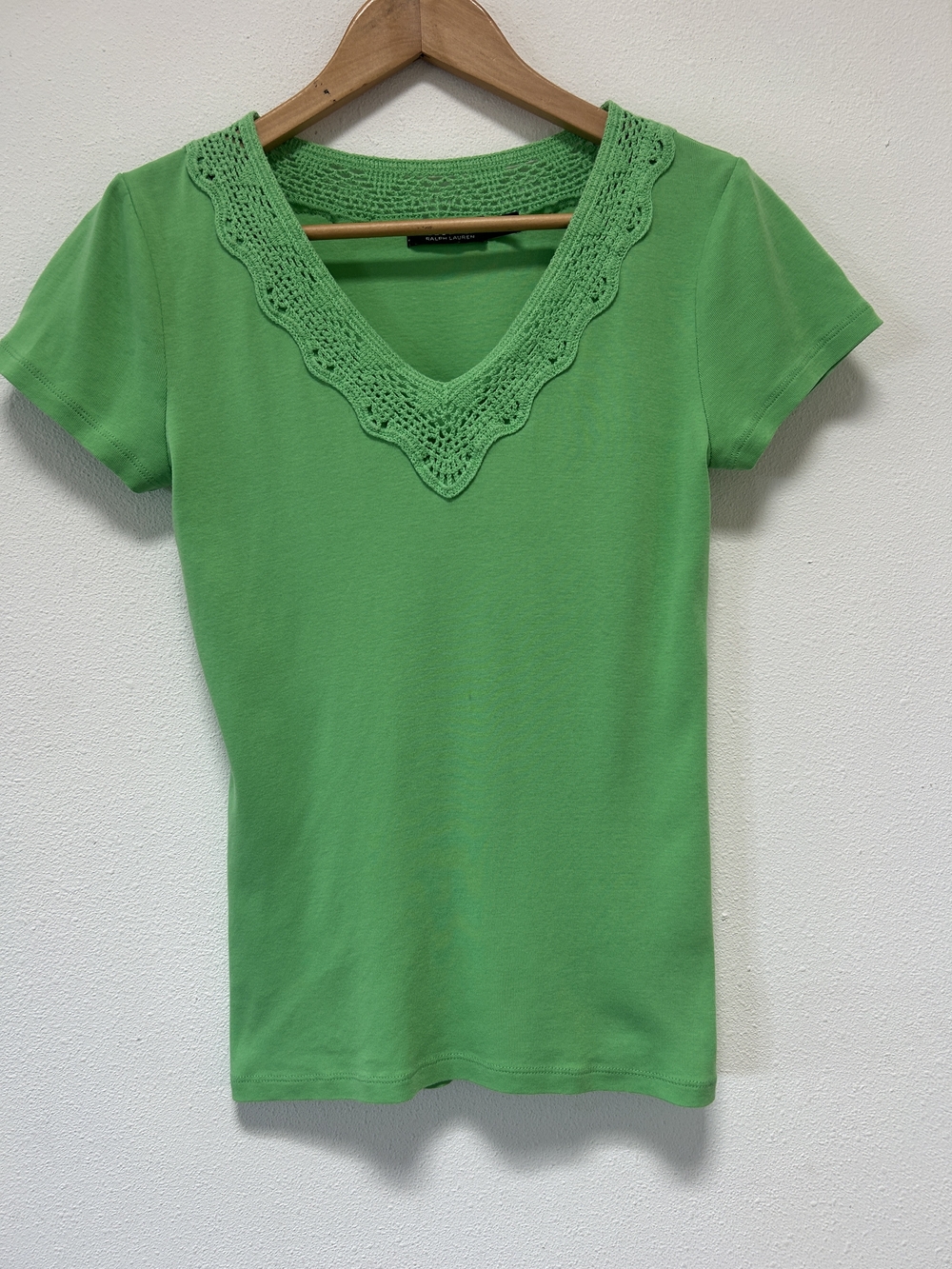 Lauren Ralph Lauren Green V‑Neck Tee with Crochet Trim